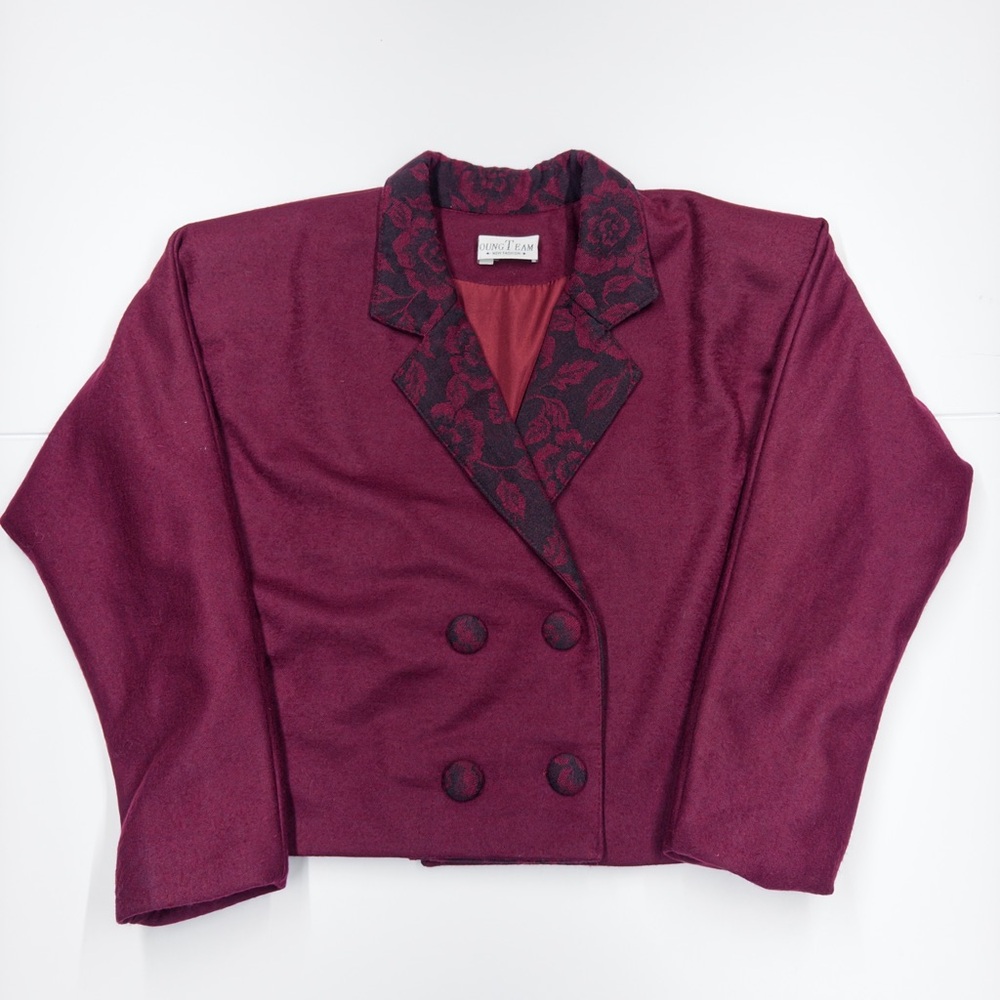 Vintage Young Team Cropped Double Breasted Blazer Burgundy Medium
